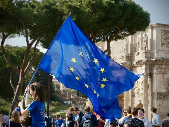 a young girl holding a european flag in front of a crowd of people