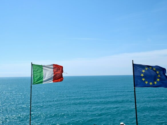 flags on poles in the water