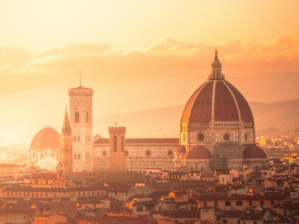 A view of a city with a dome in the middle