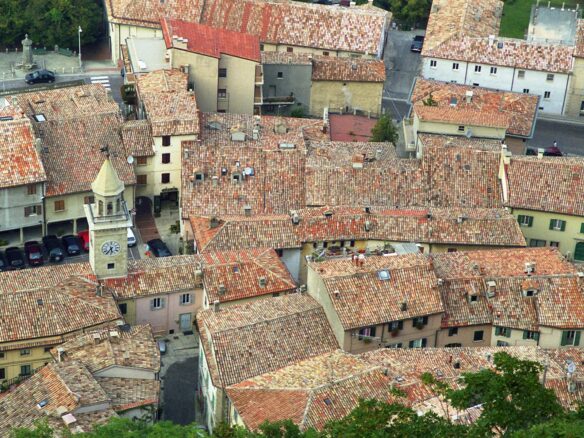 an aerial view of a city with many buildings