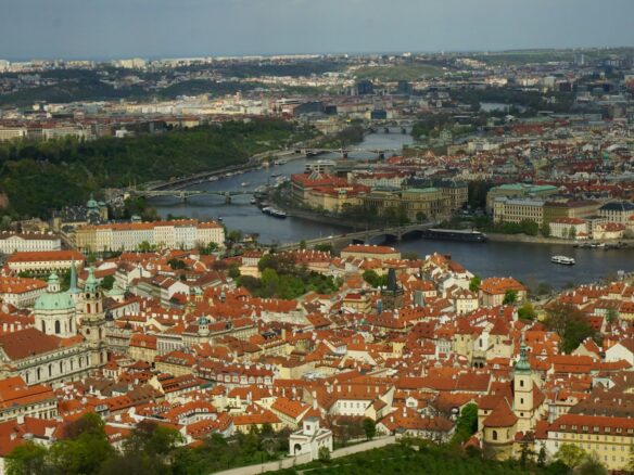 an aerial view of a city with a river running through it