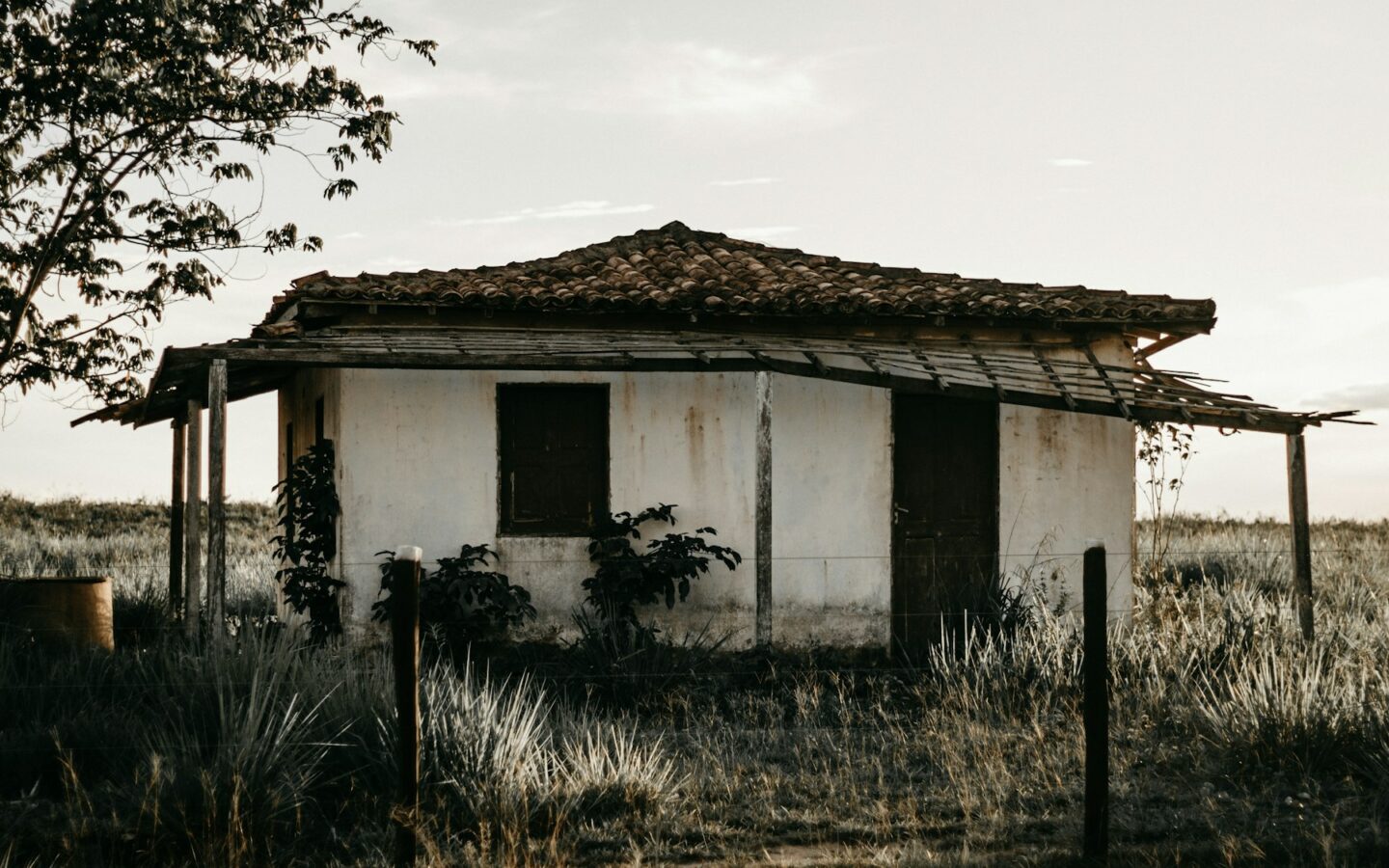 a white house with a grass field