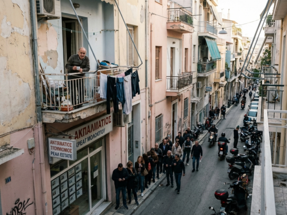 A Quiet Observer on a Bustling Greek Street