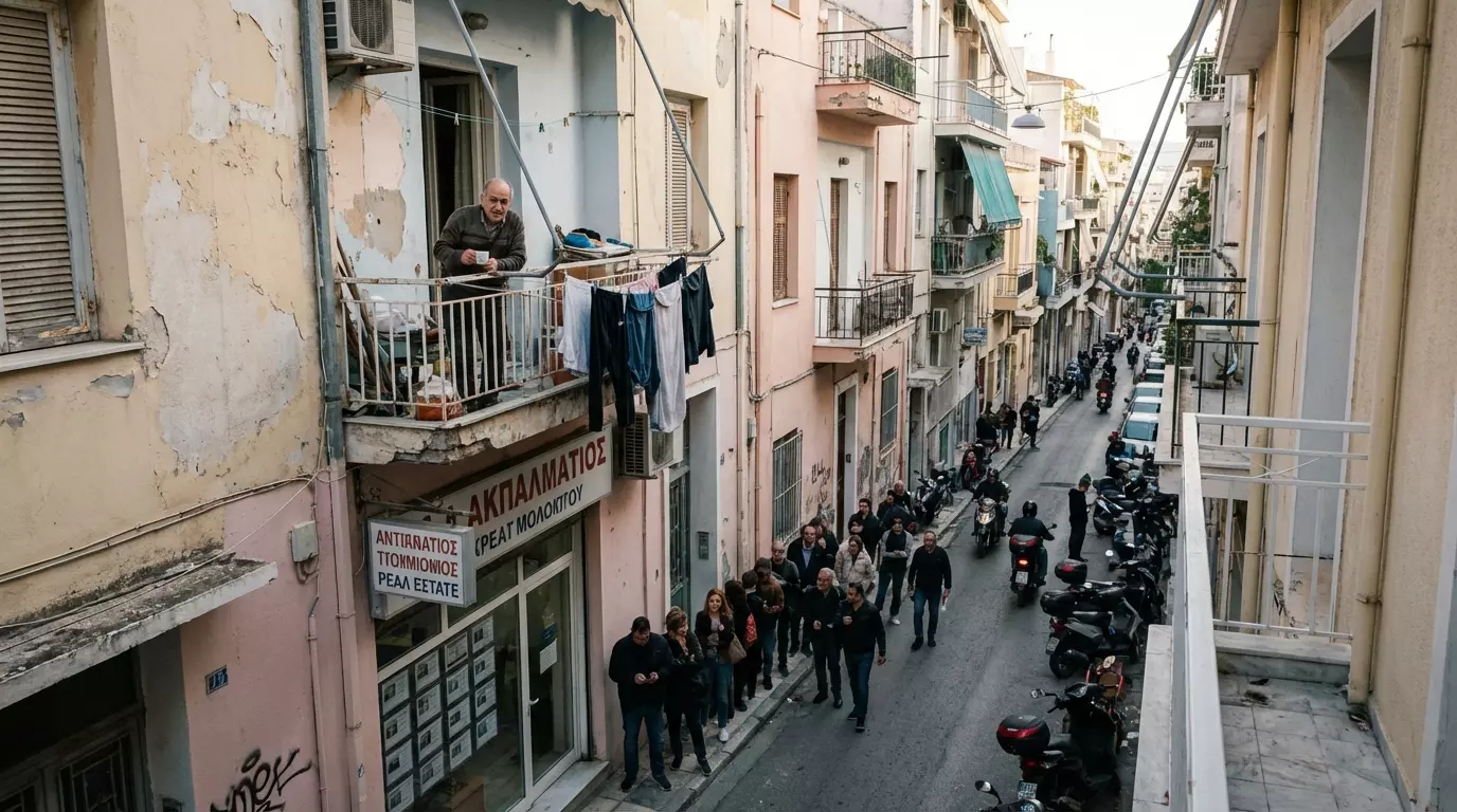 A Quiet Observer on a Bustling Greek Street