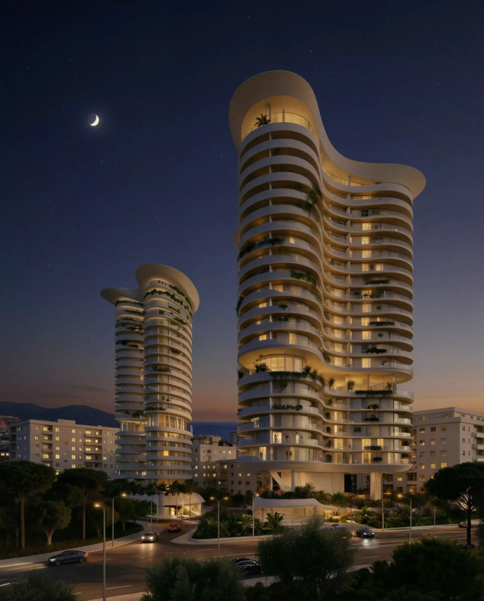 Luzaj-Tower-Exterior-Night Apartment Of 120 M² With Sea View In Vlora