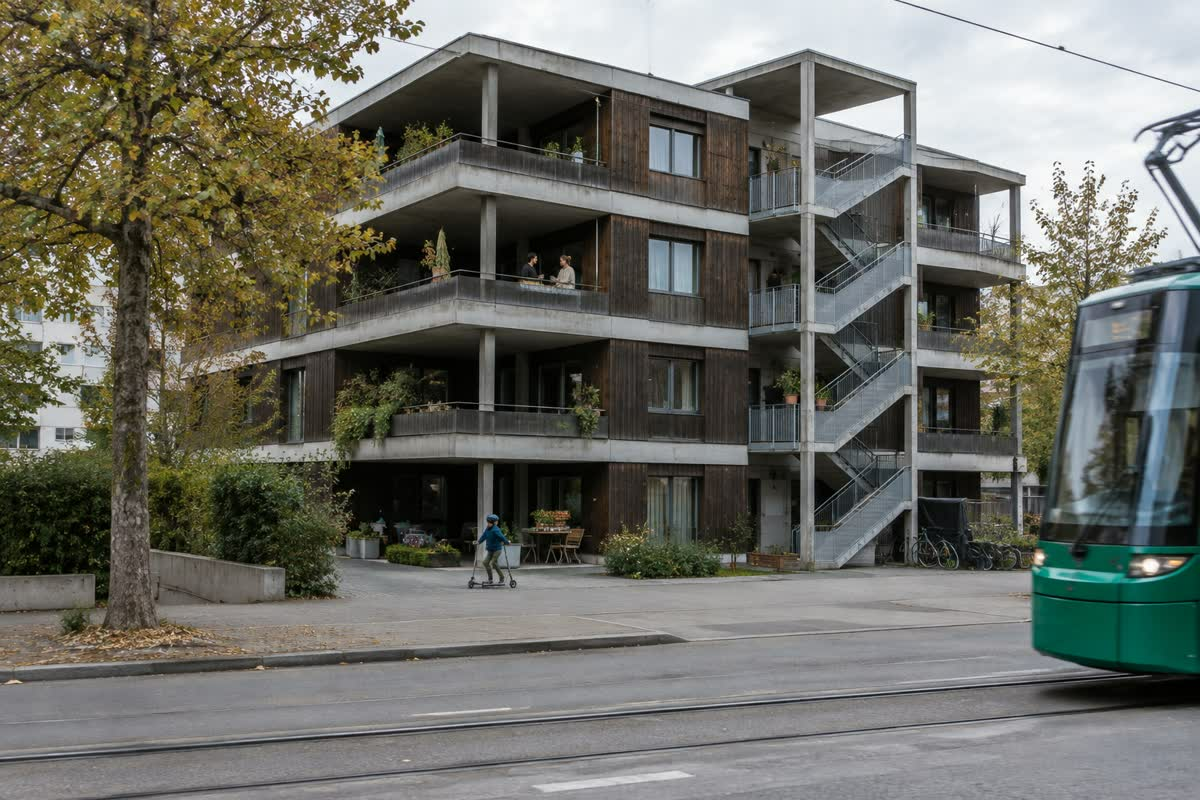 A modern cooperative housing block on public land in Basel (illustration)