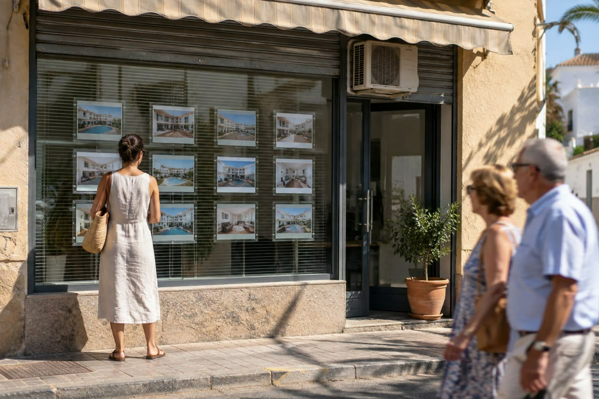A woman looking at the window display of a small estate agency (illustration)