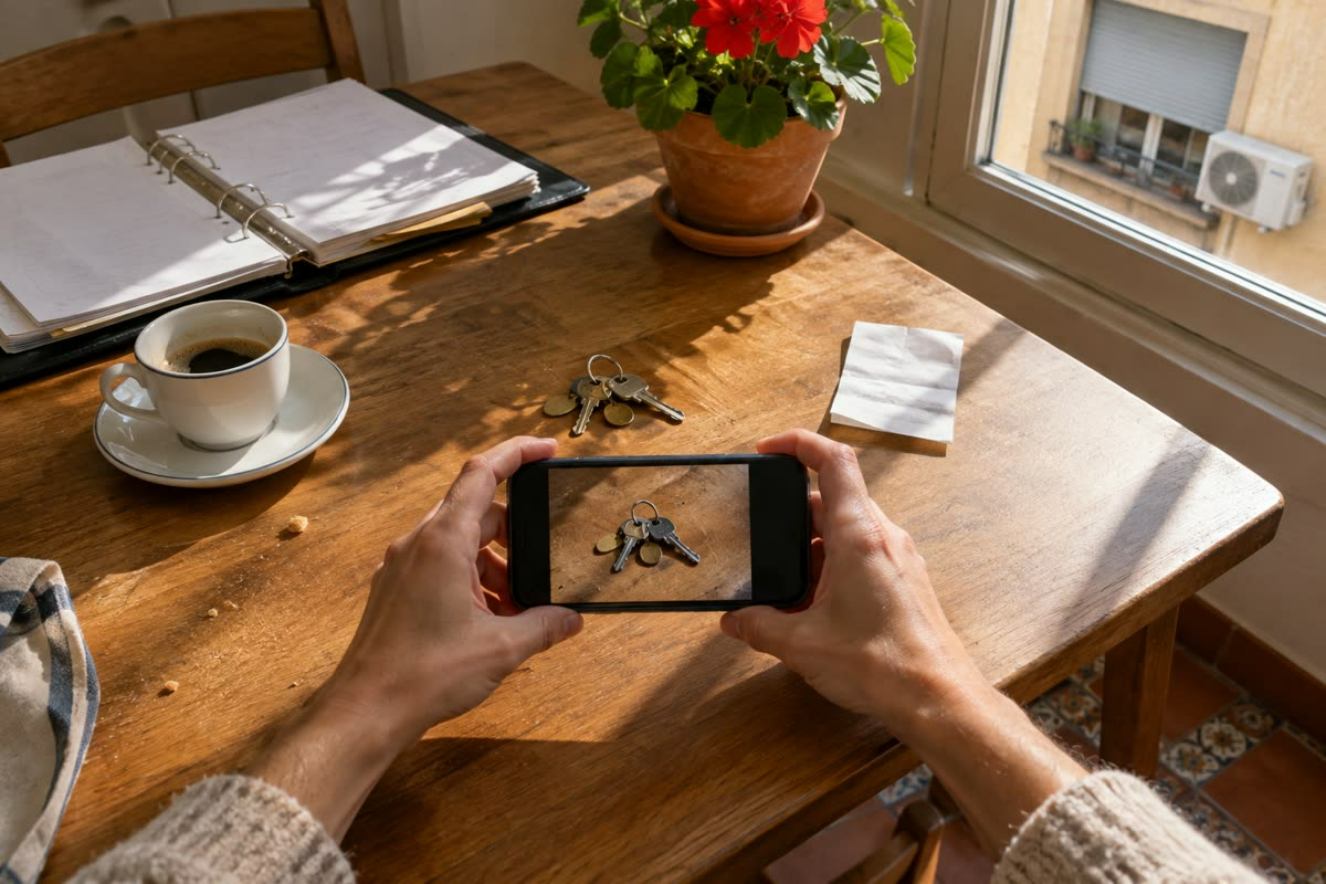 Hands photographing a set of apartment keys on a kitchen table (illustration)