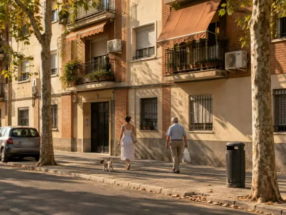 Apartment buildings and a lit residential street in Madrid at dusk (illustration)