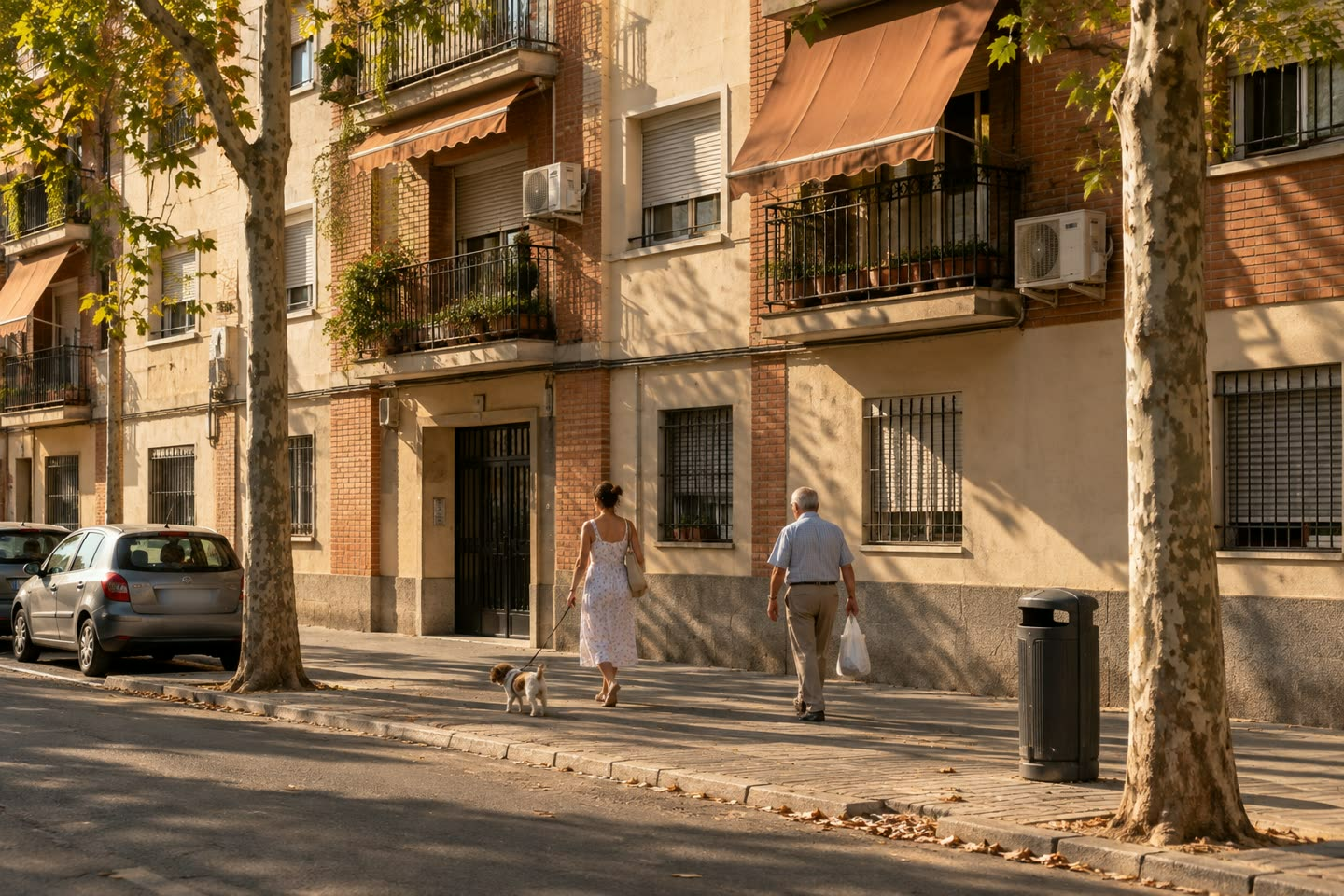 Apartment buildings and a lit residential street in Madrid at dusk (illustration)