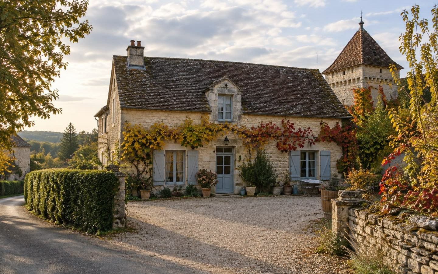 A stone house with pale shutters and a gravel forecourt in the Dordogne, on a mild October afternoon (illustration)