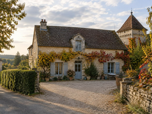 A stone house with pale shutters and a gravel forecourt in the Dordogne, on a mild October afternoon (illustration)