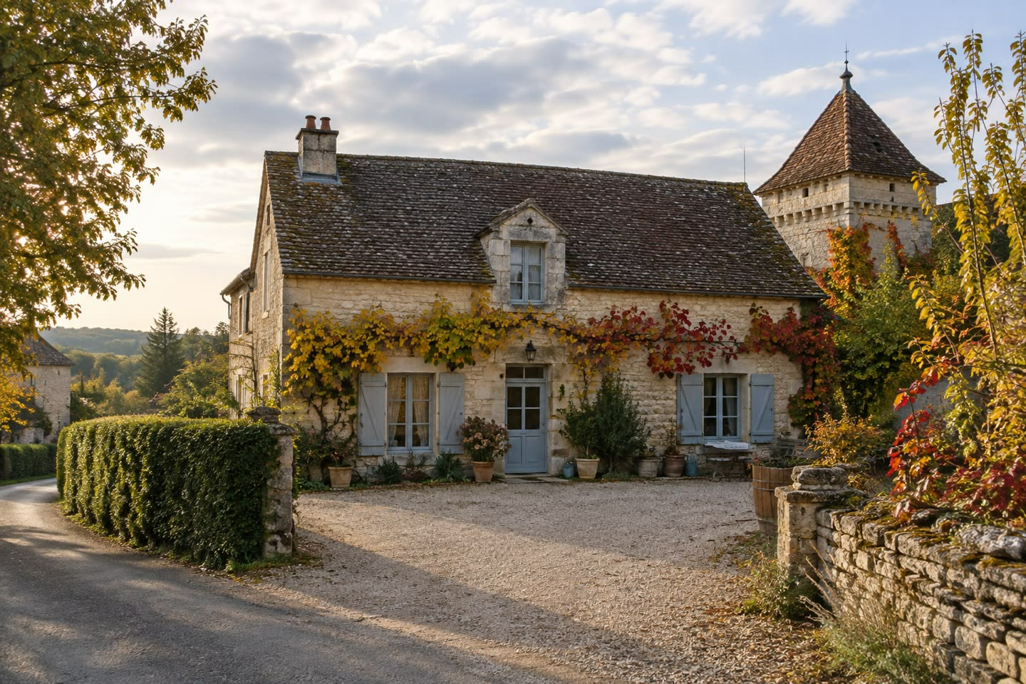 A stone house with pale shutters and a gravel forecourt in the Dordogne, on a mild October afternoon (illustration)