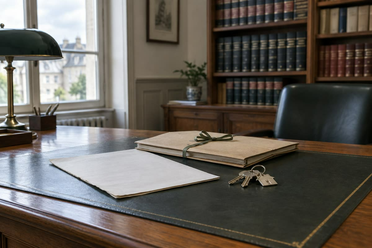 A notaire’s desk with a property deed, a folder of papers and a set of keys (illustration)
