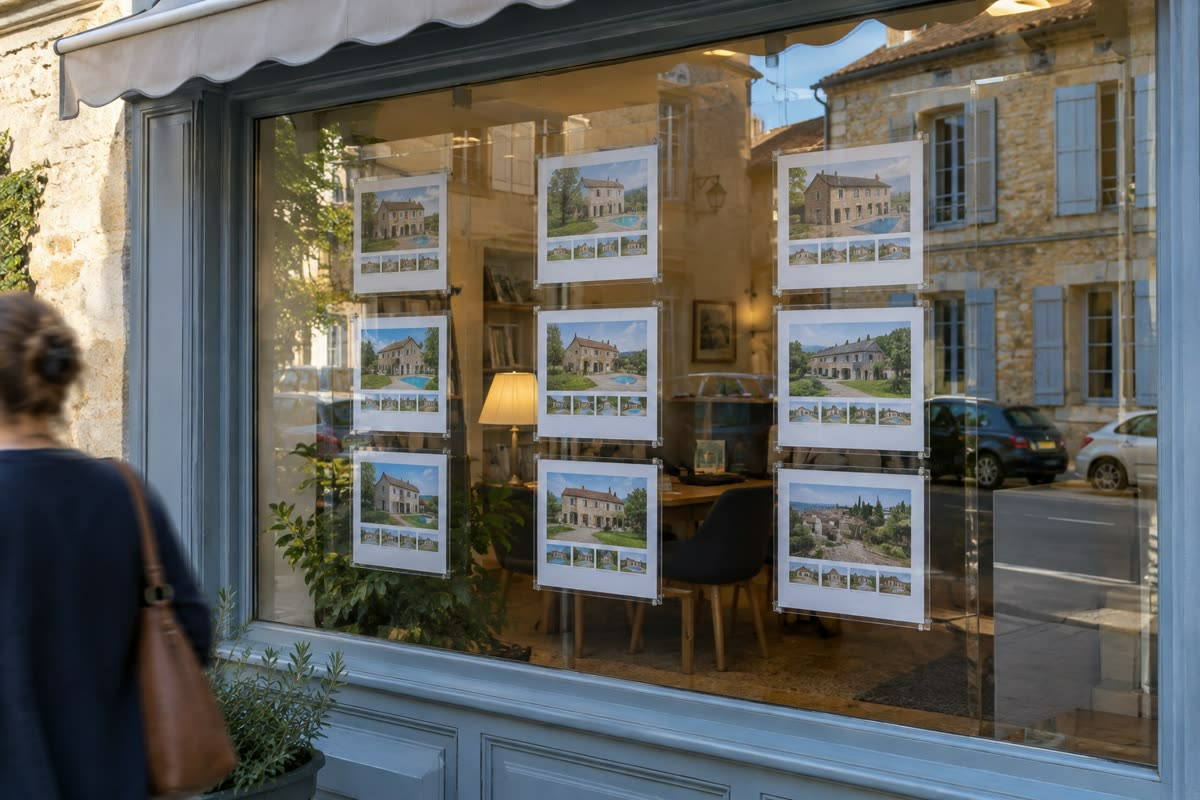 The window of a small estate agency in a French town, with property particulars taped inside the glass (illustration)