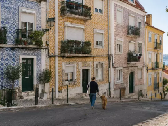 A residential street of tiled facades and iron balconies in Lisbon on a mild autumn morning (illustration)
