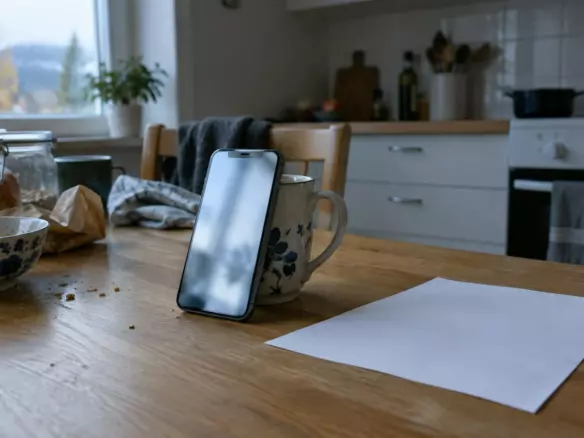A phone playing a blurred video beside a printed sheet on a Norwegian kitchen table (illustration)