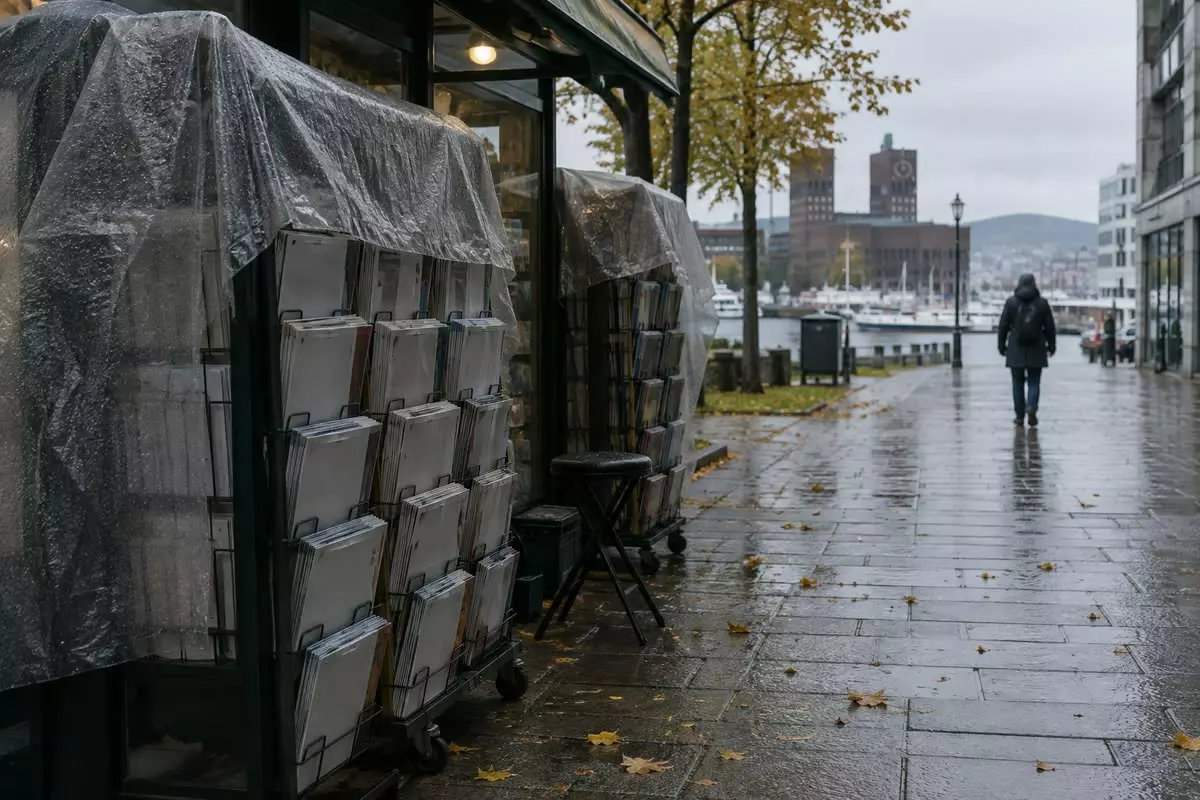 A street newsstand with newspaper covers turned towards the pavement in Oslo (illustration)
