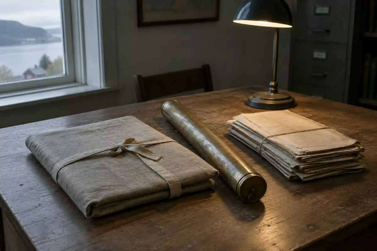 A document wallet, a map tube and folded papers on a bare wooden table (illustration)