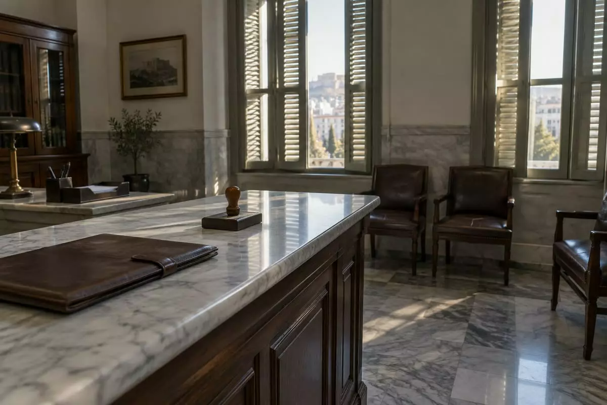 The marble counter of a Greek notary's office with a folder and a stamp on it (illustration)