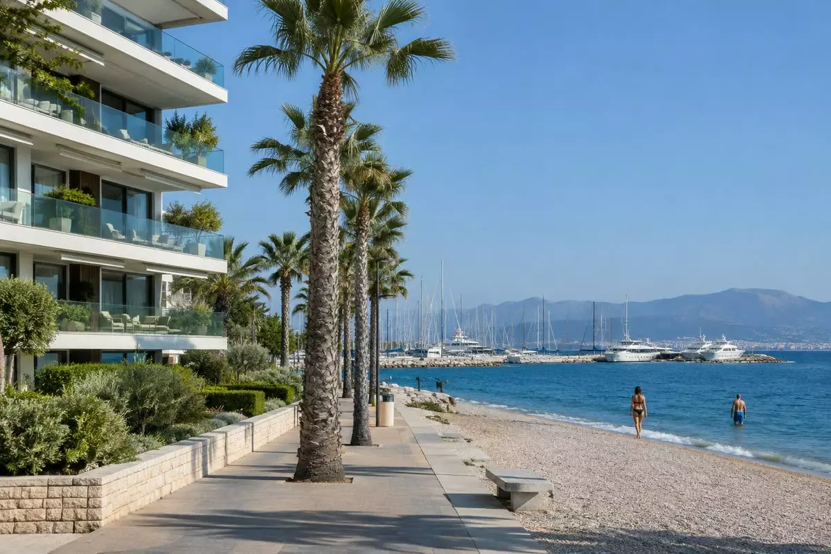 A seafront apartment building with wide balconies on the Athens Riviera (illustration)