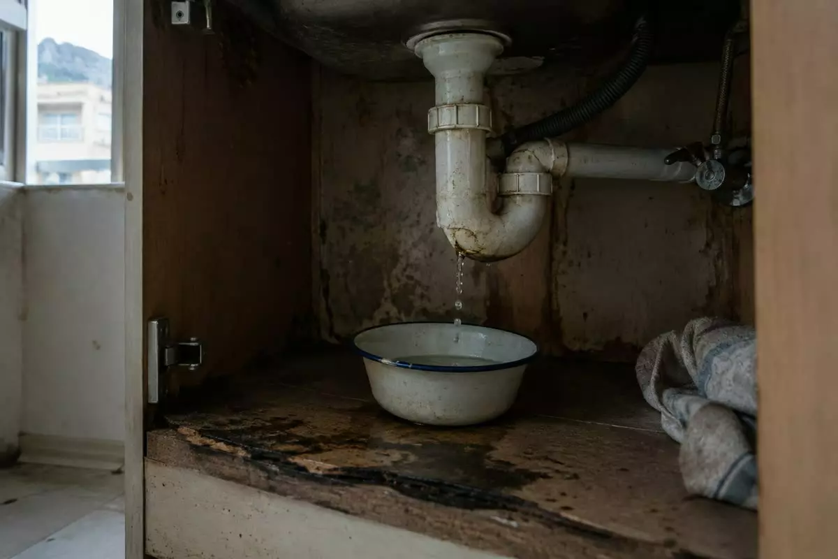 A drip on a pipe joint under a kitchen sink with a bowl catching the water (illustration)