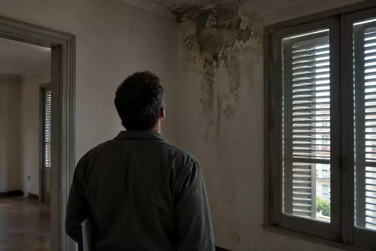 An inspector photographing a damp patch on a wall in an empty Greek apartment (illustration)