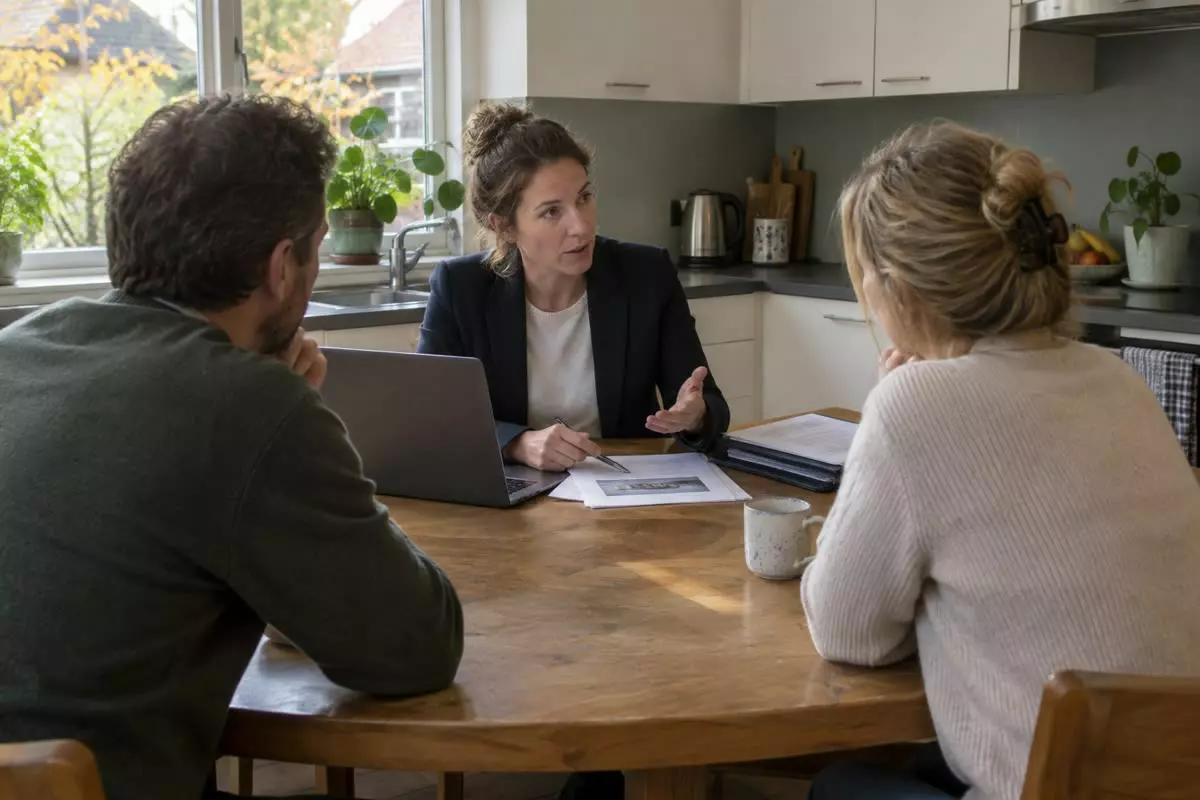 An estate agent going through figures with a couple at a kitchen table in the Netherlands (illustration)