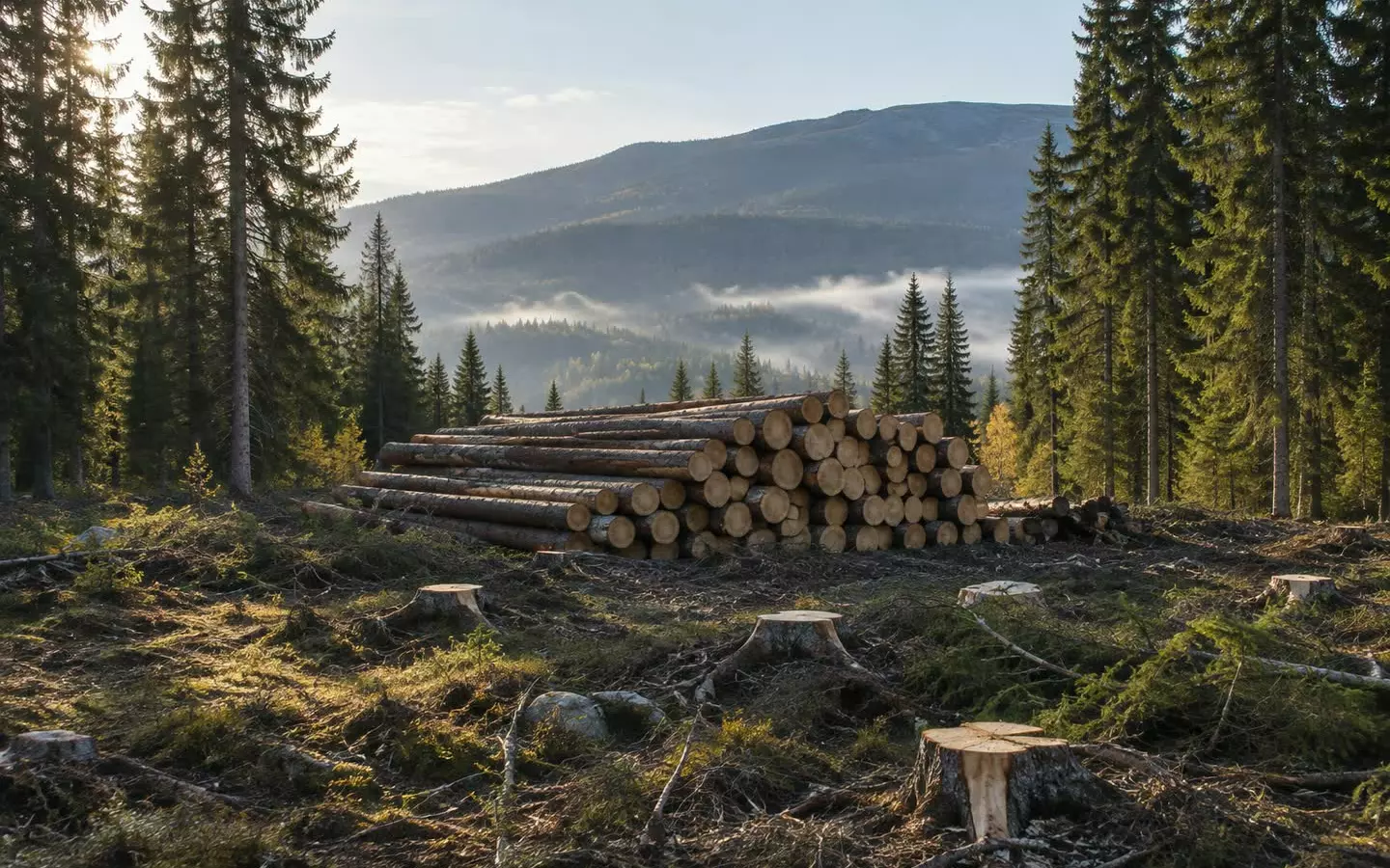 Cut timber stacked at the edge of a harvested spruce forest in Harjedalen, Sweden (illustration)