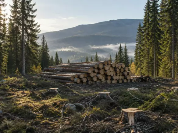 Cut timber stacked at the edge of a harvested spruce forest in Harjedalen, Sweden (illustration)