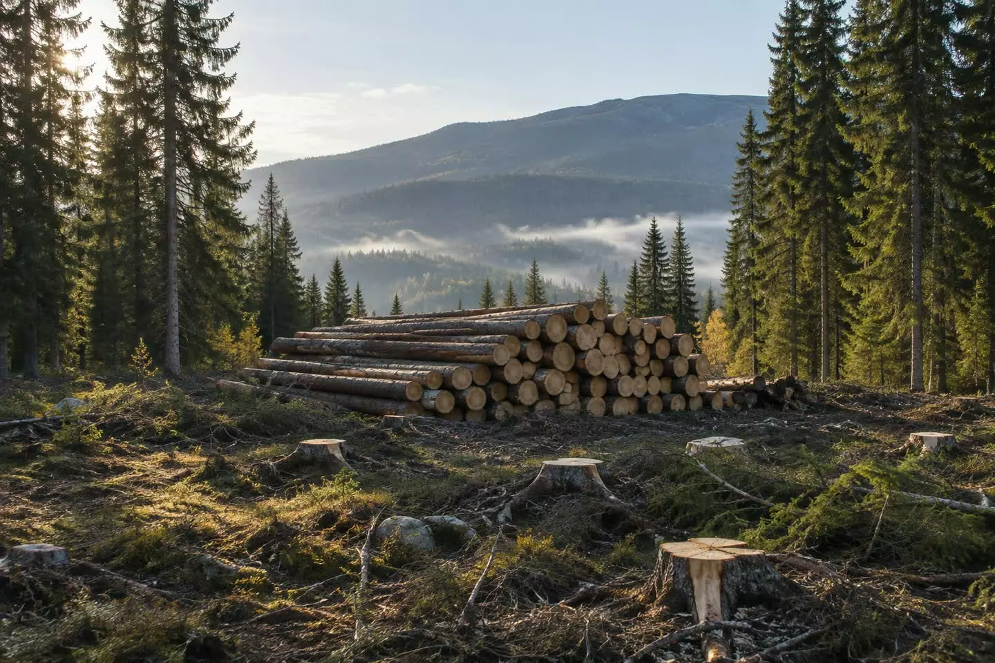 Cut timber stacked at the edge of a harvested spruce forest in Harjedalen, Sweden (illustration)