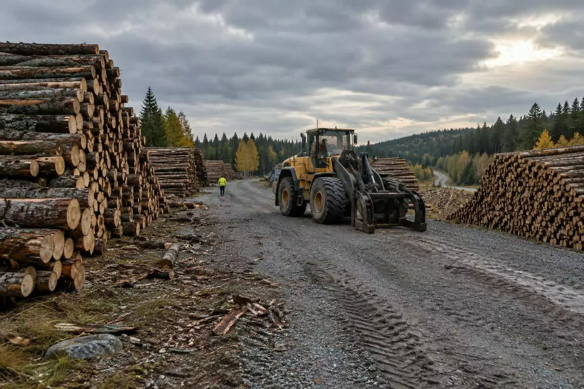 Long stacks of graded logs and a wheel loader at a Swedish timber sorting yard (illustration)