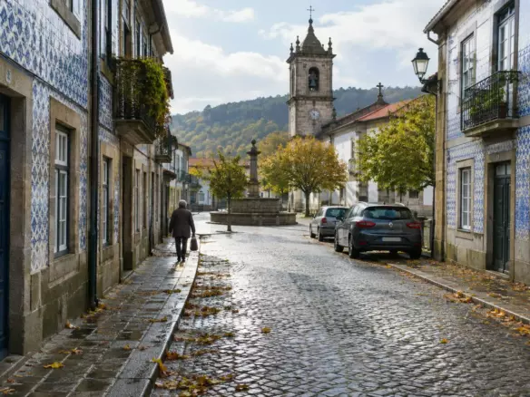 A granite street with tiled facades and a fountain in an inland Portuguese town (illustration)