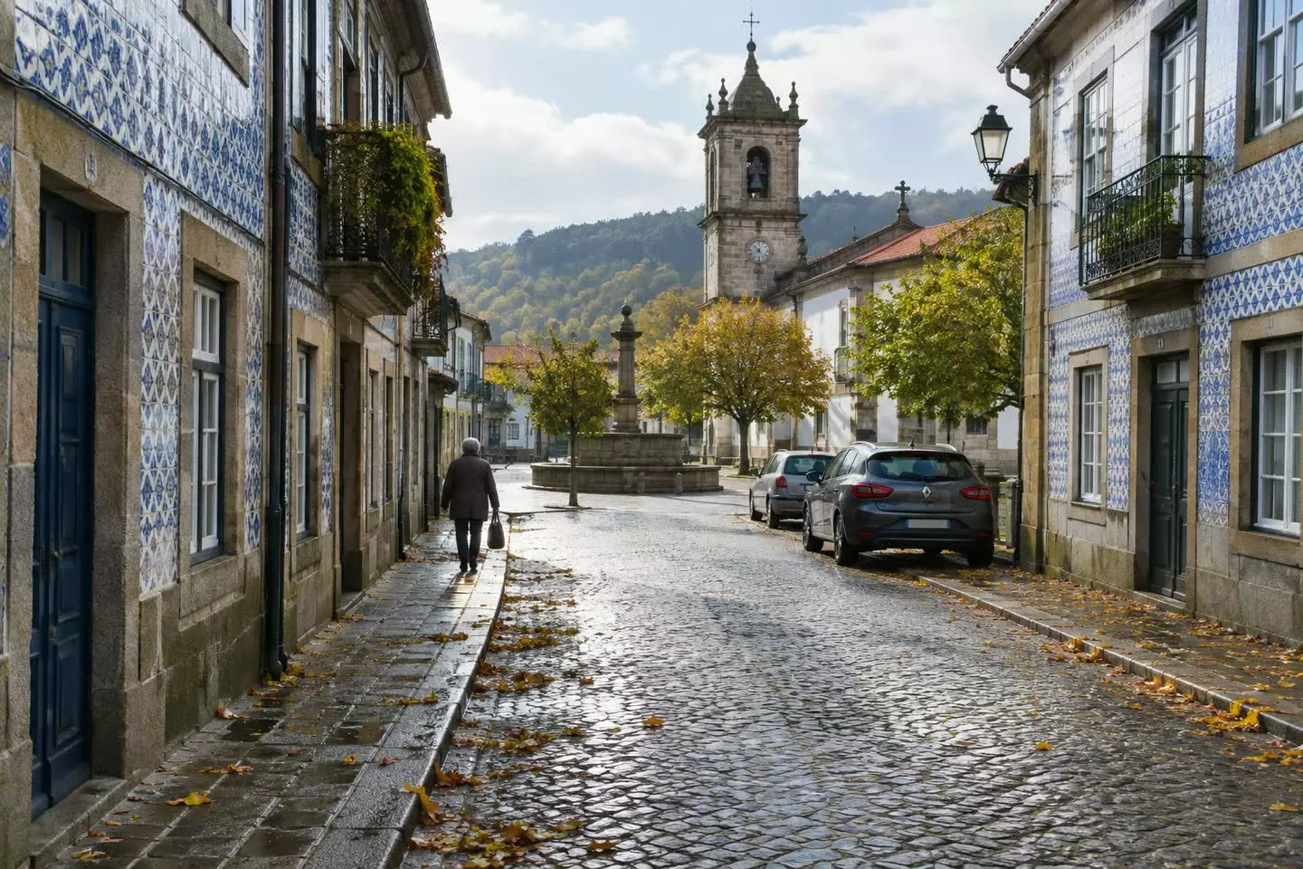 A granite street with tiled facades and a fountain in an inland Portuguese town (illustration)