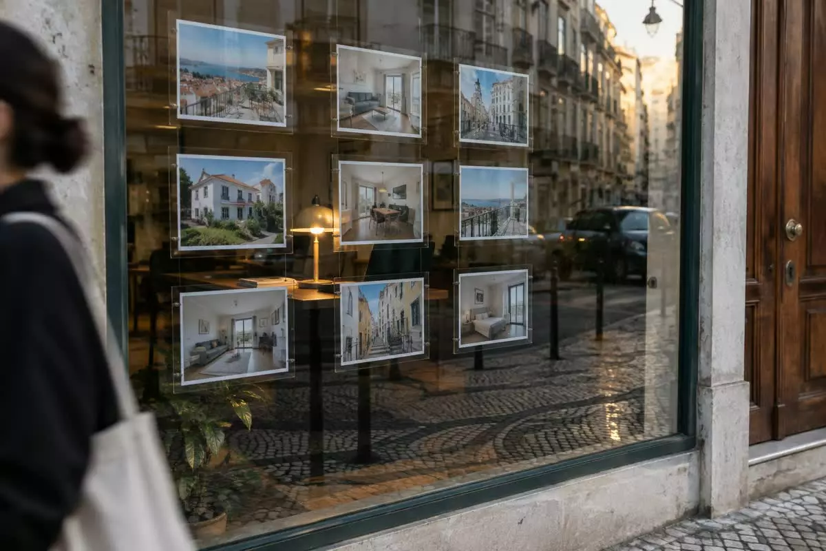 A small Portuguese estate agency window seen from the pavement, listing photos pinned inside (illustration)