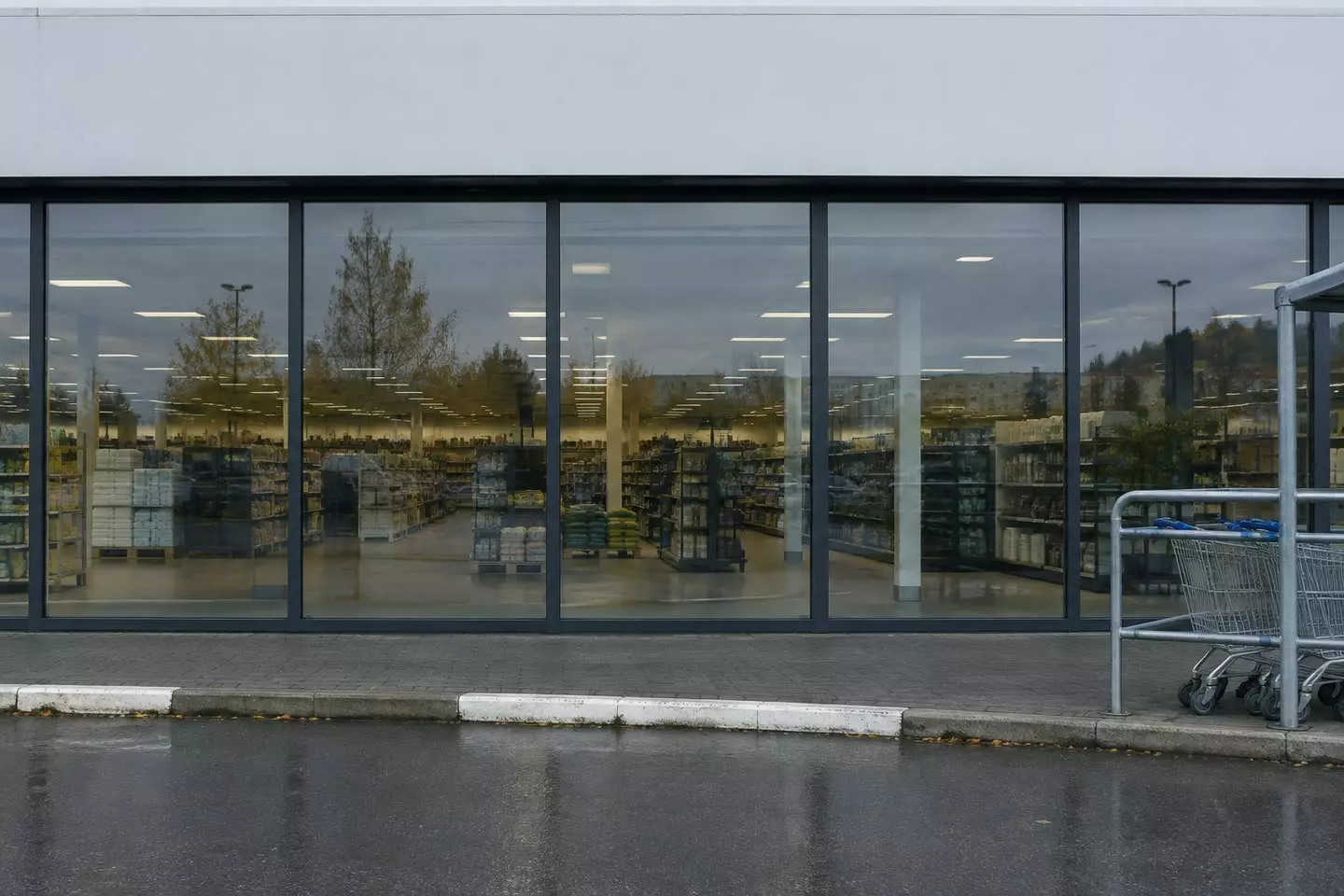 The glazed shopfront and trolley bay of a big-box retail unit on an out-of-town retail park (illustration)