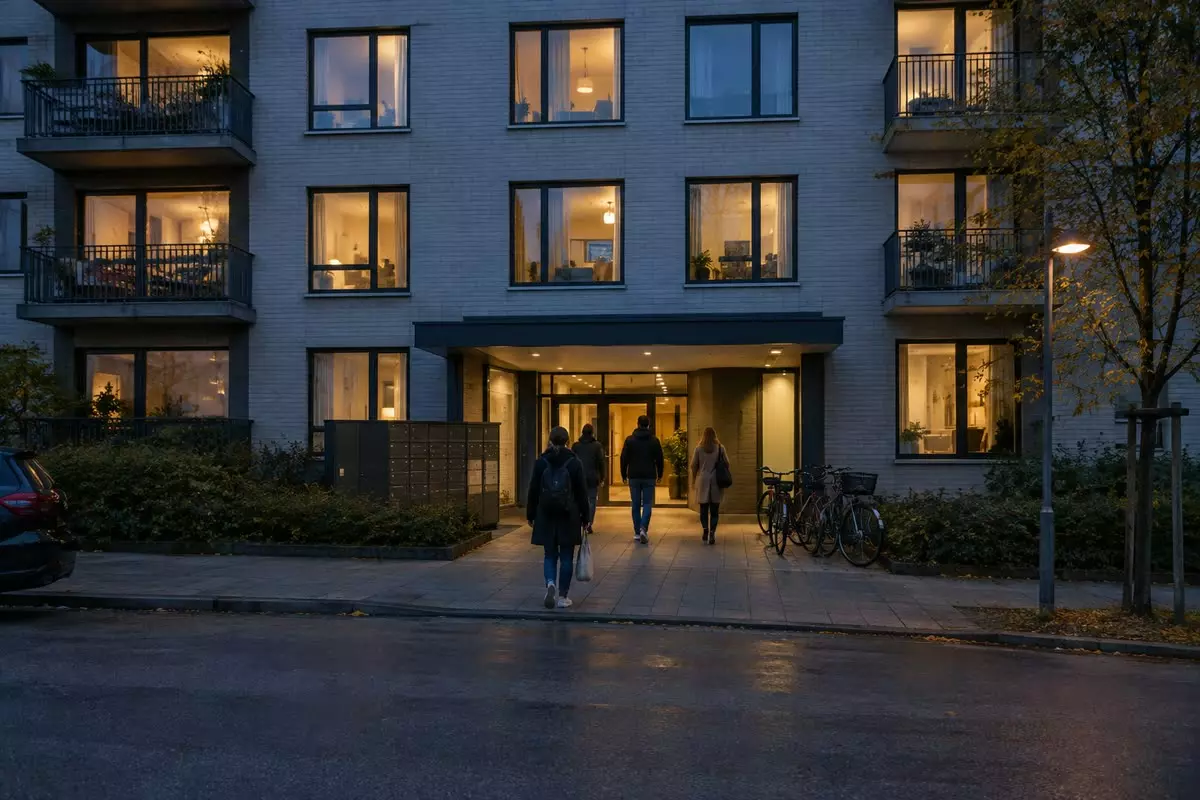 A newly built rental apartment block at dusk with lit windows and parcel lockers at the entrance (illustration)