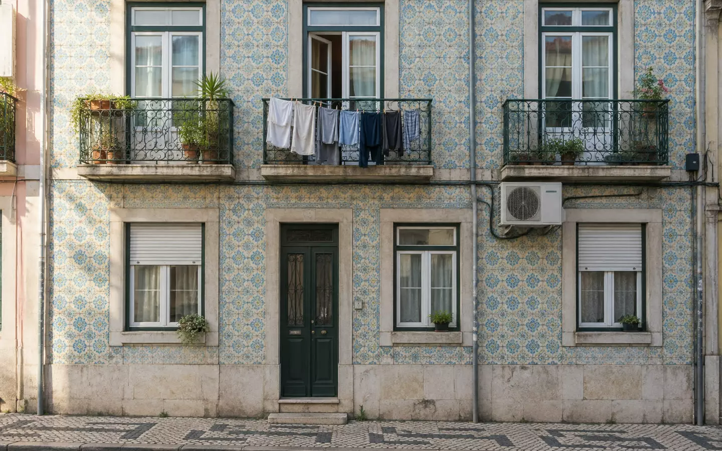 A pastel apartment building with azulejo tiles and wrought-iron balconies on a Lisbon street (illustration)