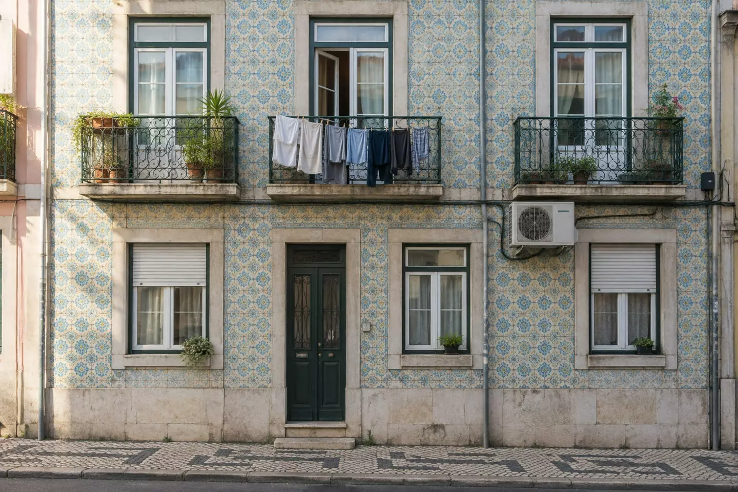 A pastel apartment building with azulejo tiles and wrought-iron balconies on a Lisbon street (illustration)