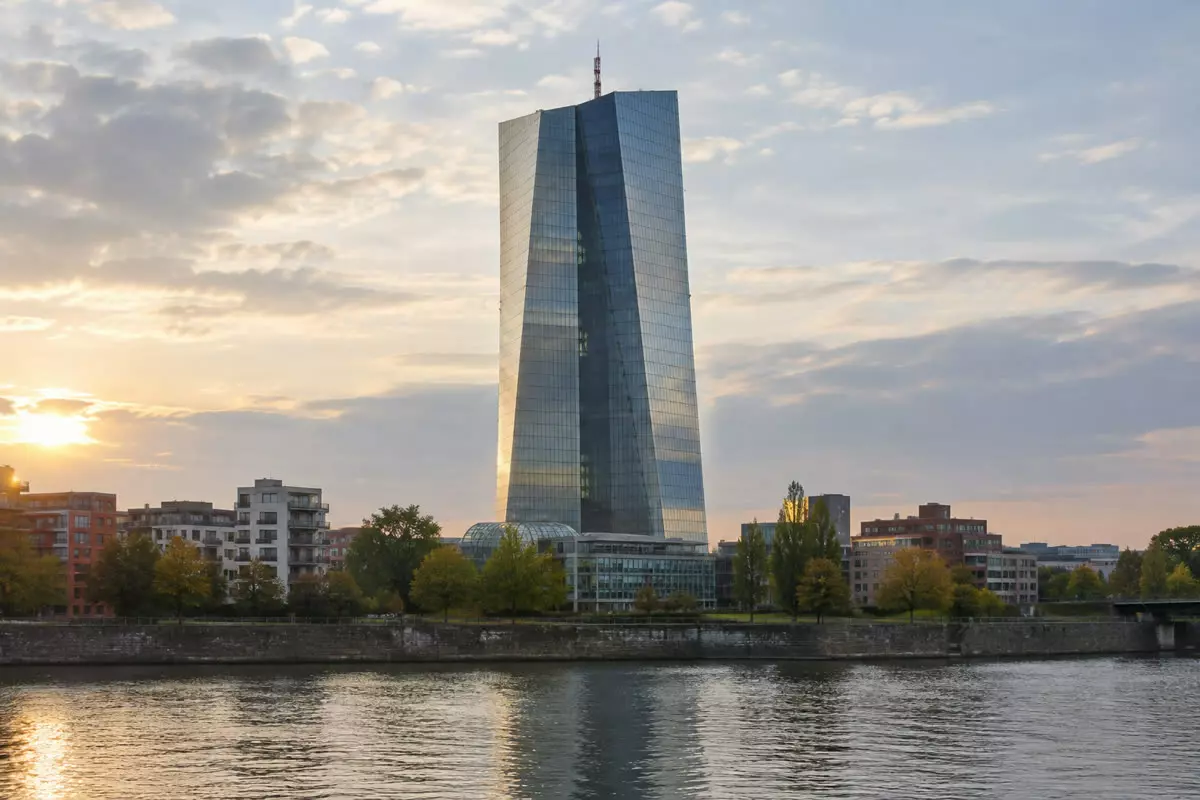 The European Central Bank headquarters towers seen from across the river in Frankfurt (illustration)