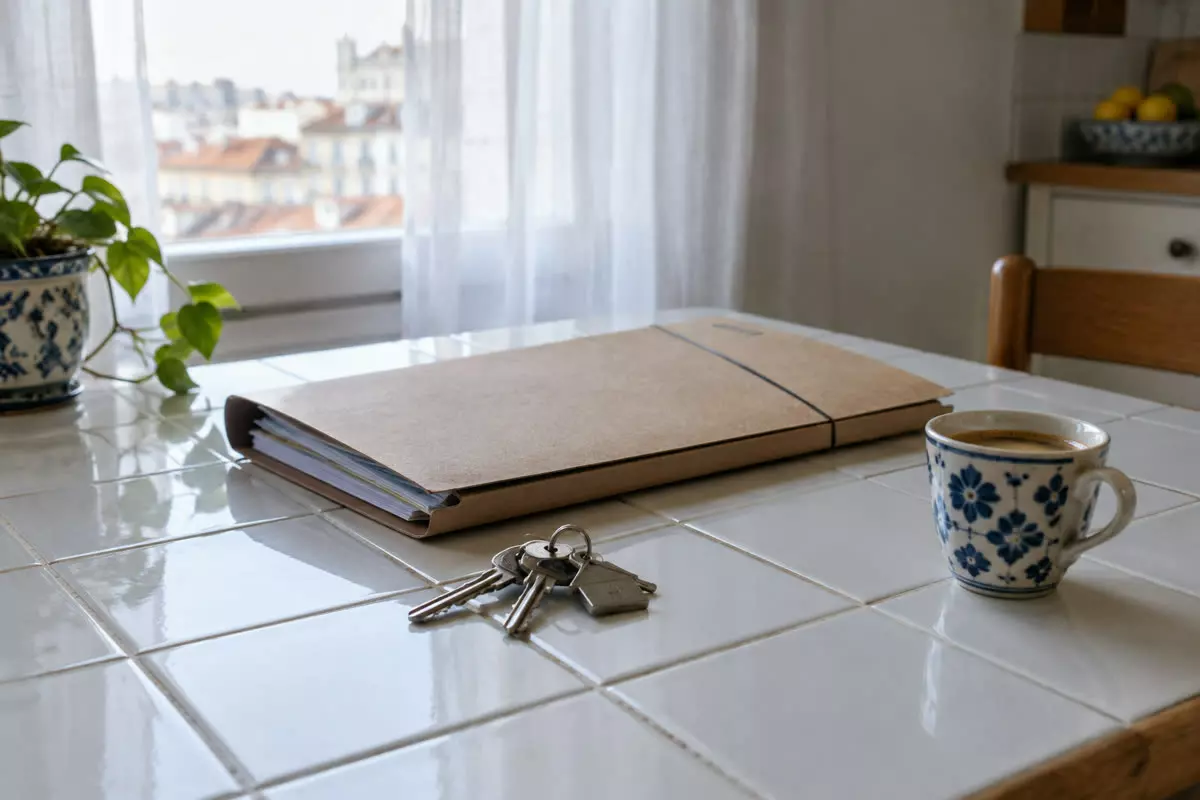 A set of keys and a folder of property papers on a kitchen table in a Portuguese apartment (illustration)