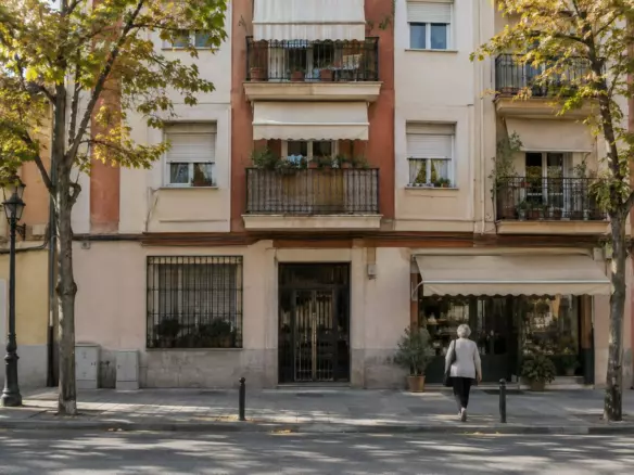 A residential street of mid-rise apartment buildings with iron balconies, persianas and awnings in Madrid on a mild early autumn morning (illustration)