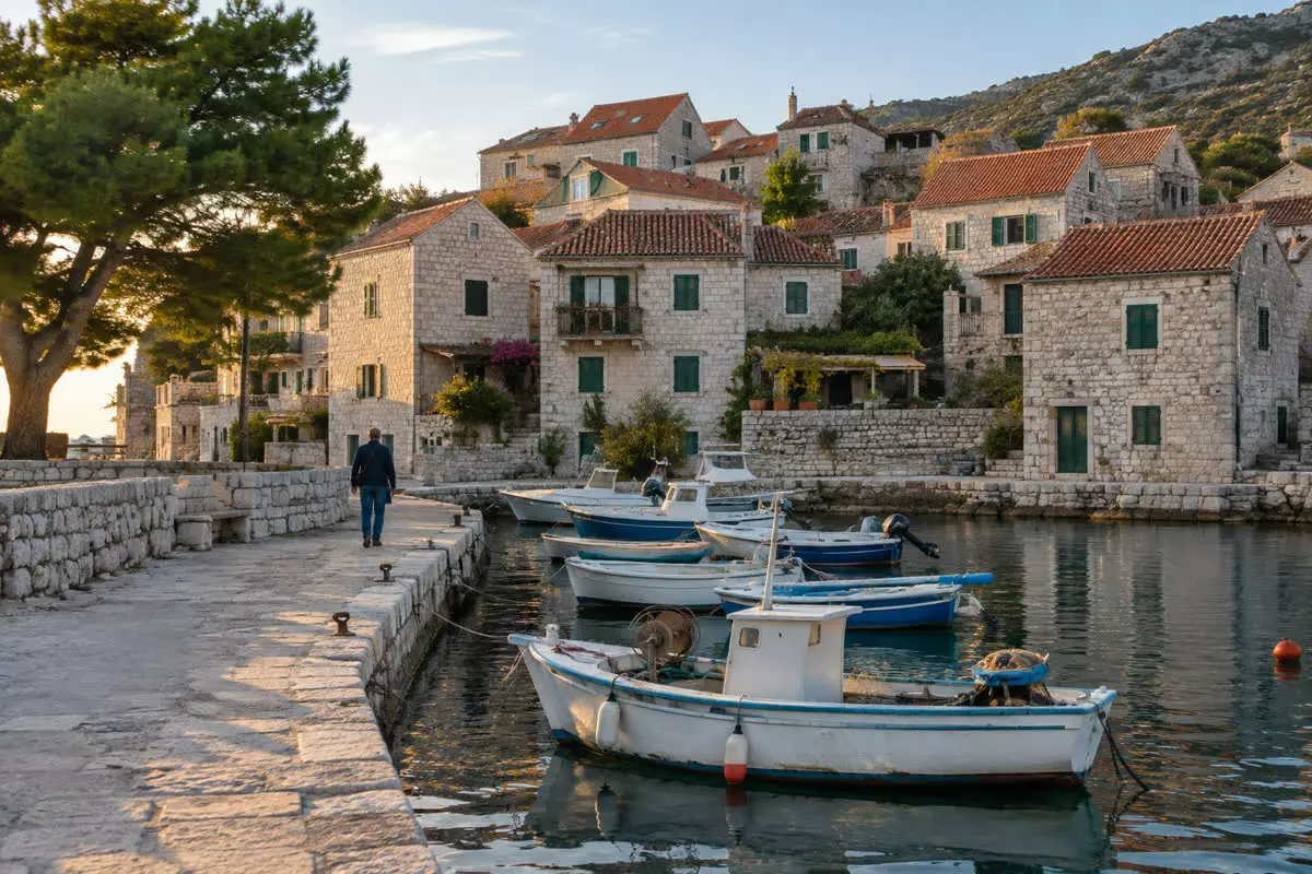 A small Adriatic coastal town with pale stone houses and shuttered windows seen from a harbour wall in early autumn (illustration)