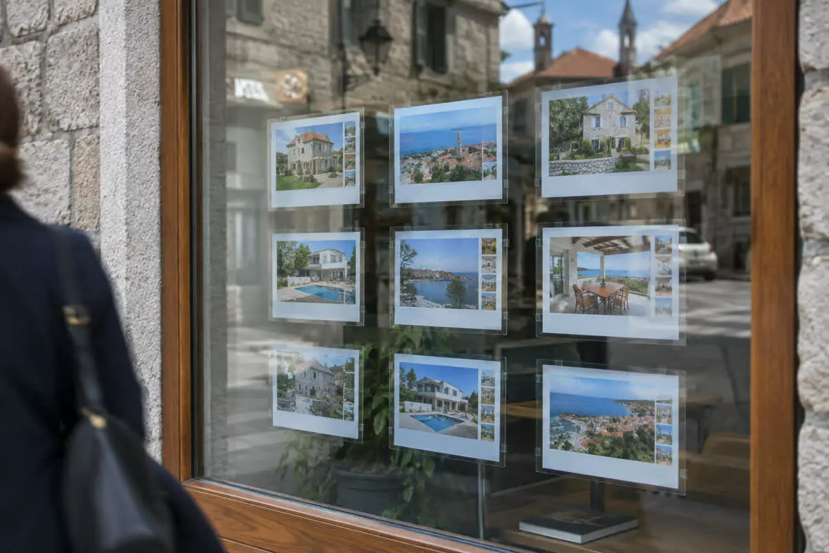 An estate agency window in a Croatian town with property photographs taped inside and the street reflected in the glass (illustration)