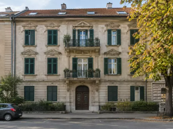 A stone apartment building with green shutters and a tiled roof on a quiet street in Zagreb in early autumn (illustration)