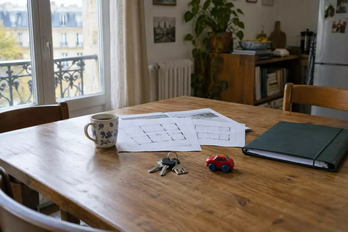 House plans, a set of keys and a child's toy car on a kitchen table in a French apartment in autumn daylight (illustration)