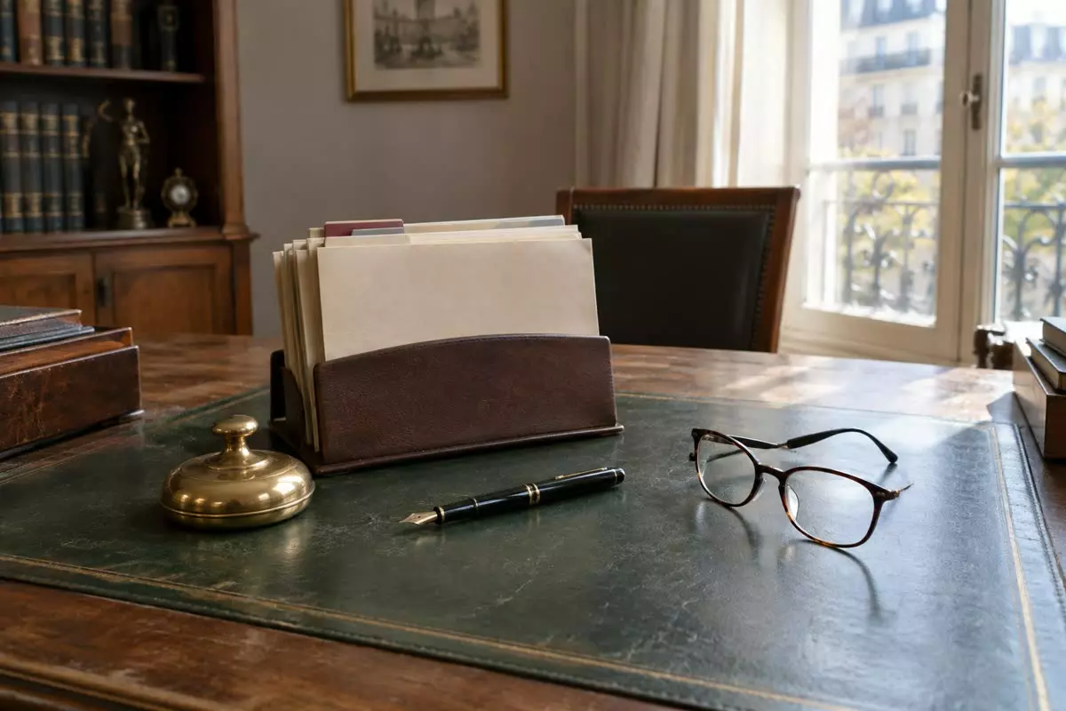 A notary's desk with a gift deed folder, a fountain pen and reading glasses in a French office (illustration)