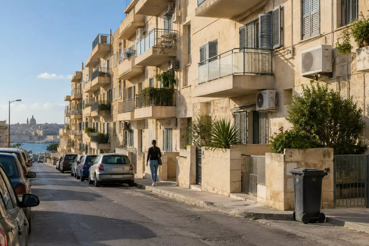 A row of pale limestone apartment blocks with balconies and shutters along a street in Malta in early autumn (illustration)