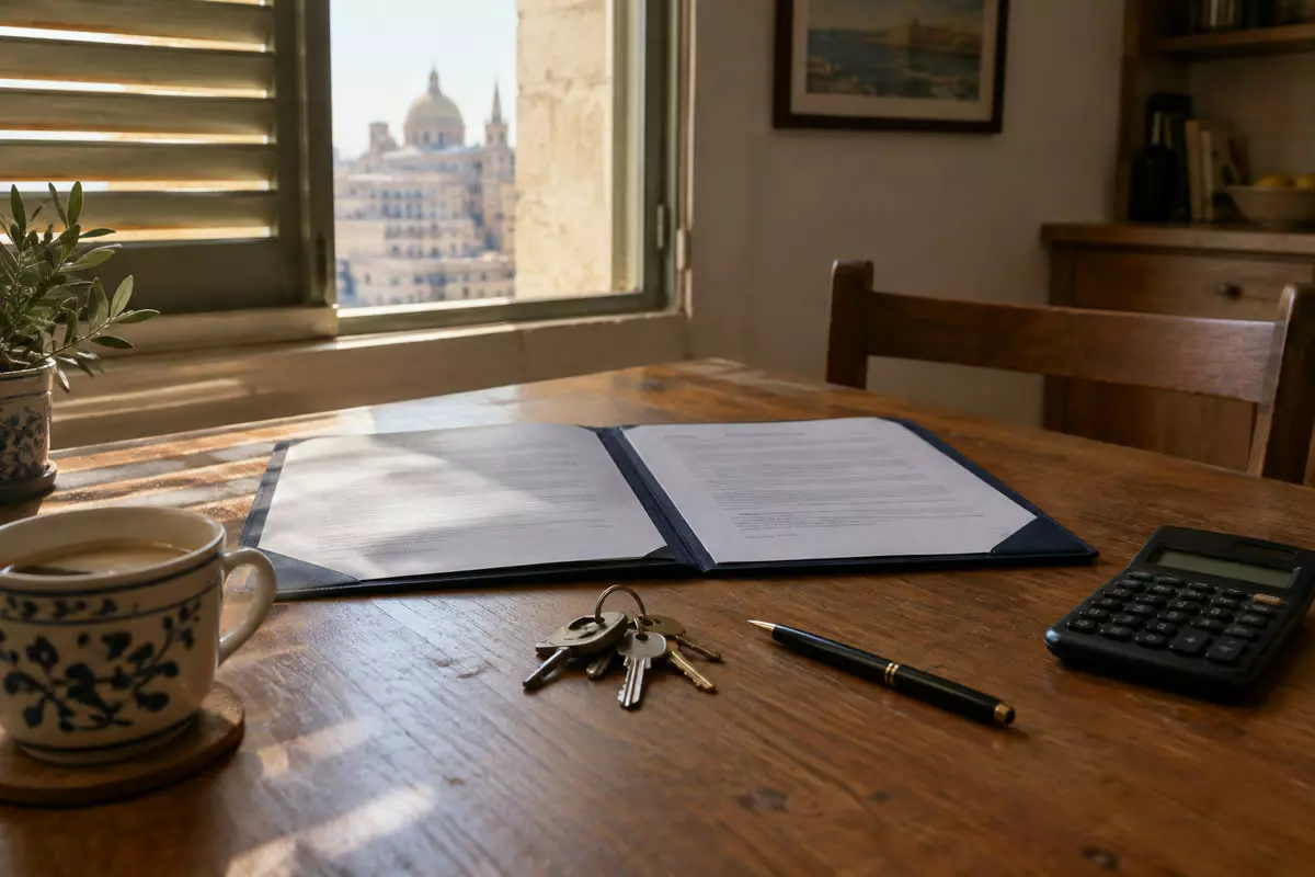 A landlord's folder with a lease agreement and a calculator on a table beside a set of keys in a Maltese flat (illustration)