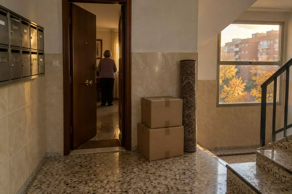 A Madrid apartment landing with an open flat door, packed cardboard boxes and a rolled rug, and a woman standing inside seen from behind (illustration)